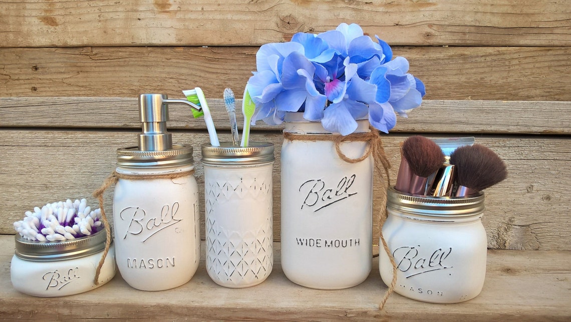Mason Jar Bathroom Decor Gray Painted Mason Jar Bath Set Etsy