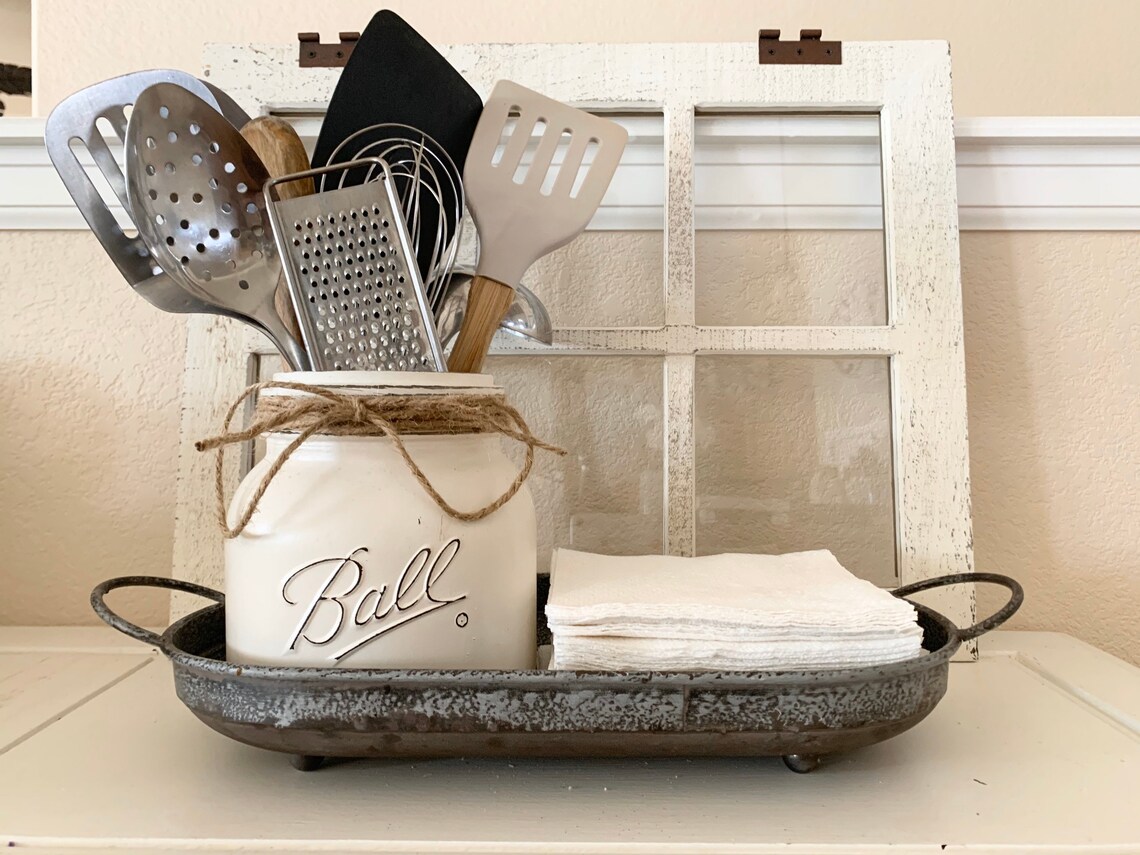 Kitchen Utensils Holder Napkin Holder Distressed Metal Tray Etsy