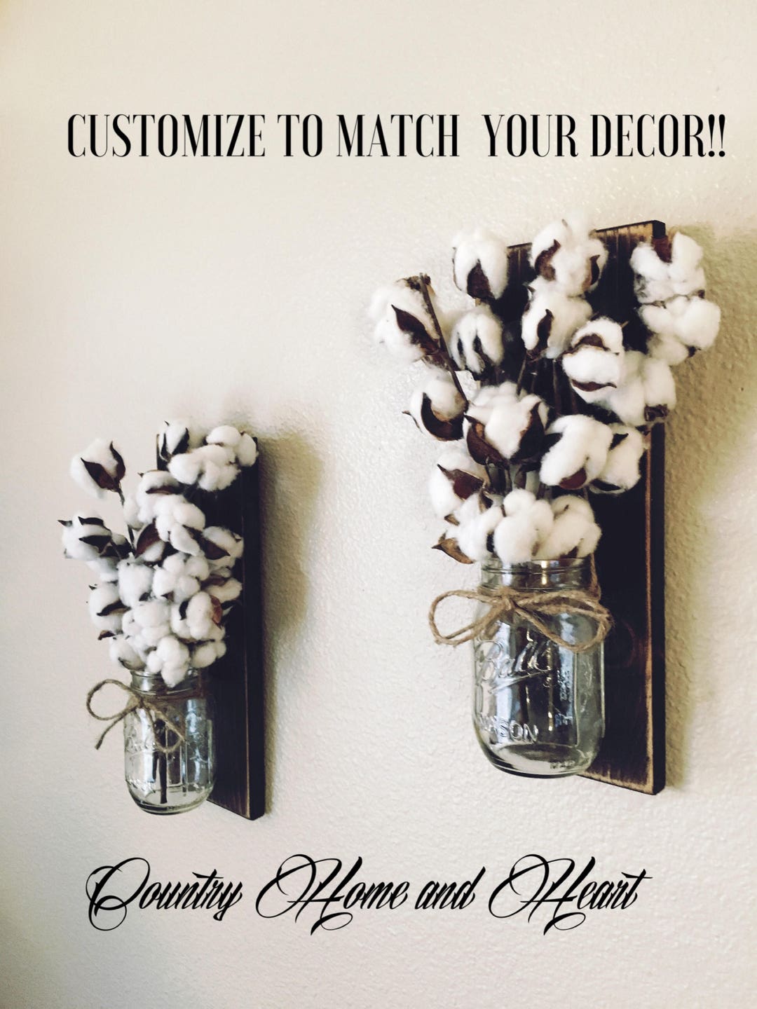 Mason Jar Sconce with Cotton Stems, Cotton Stem Decor, Rustic Farmhouse Wall Decor, Country Wall Decor, Rustic Decor, Home Decor, Farmhouse