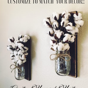 Mason Jar Sconce with Cotton Stems, Cotton Stem Decor, Rustic Farmhouse Wall Decor, Country Wall Decor, Rustic Decor, Home Decor, Farmhouse