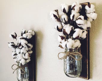 Mason Jar Sconce with Cotton Stems, Cotton Stem Decor, Rustic Farmhouse Wall Decor, Country Wall Decor, Rustic Decor, Home Decor, Farmhouse