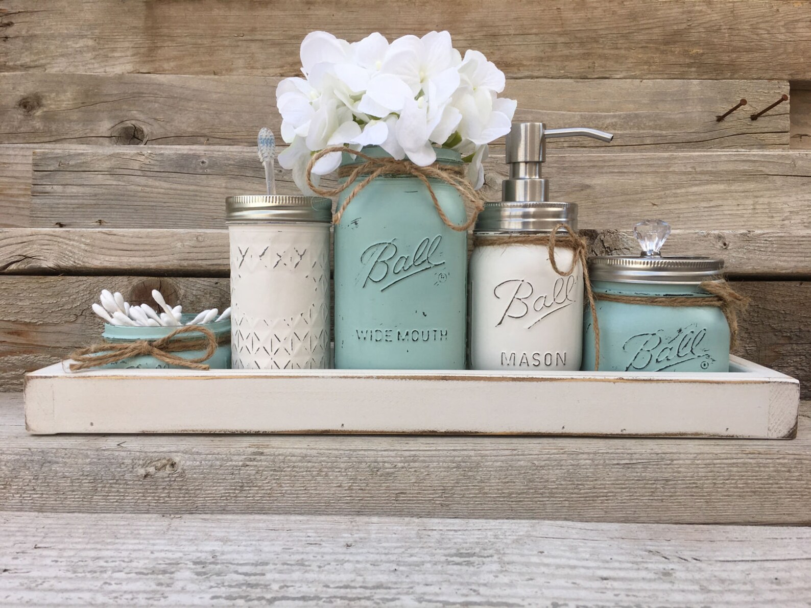 Blue 5 Piece Mason Jar Bathroom Set With Tray Bathroom Decor Etsy