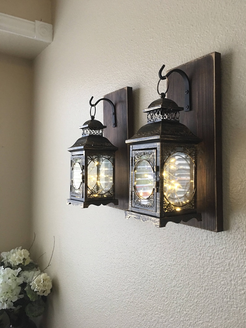 Hanging Lantern Sconces, Farmhouse Wall Decor, Lantern Sconces, Black, Lanterns, Wood Sconce with Lantern, Country Decor, Wall Lantern image 5