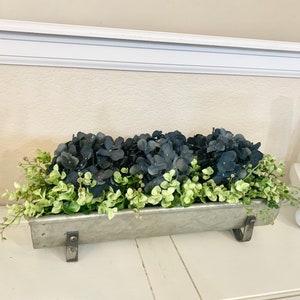 Farmhouse Floral Arrangement, Galvanized Planter Tray with Flowers and Greenery, Living Room Decor, TV console Centerpiece, Entryway Decor image 2