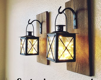 Set of Hanging Lantern Sconces,Farmhouse Wall Decor, Lantern Sconces, Black, Lanterns, Wood Sconce with Lantern, Country Decor, Small