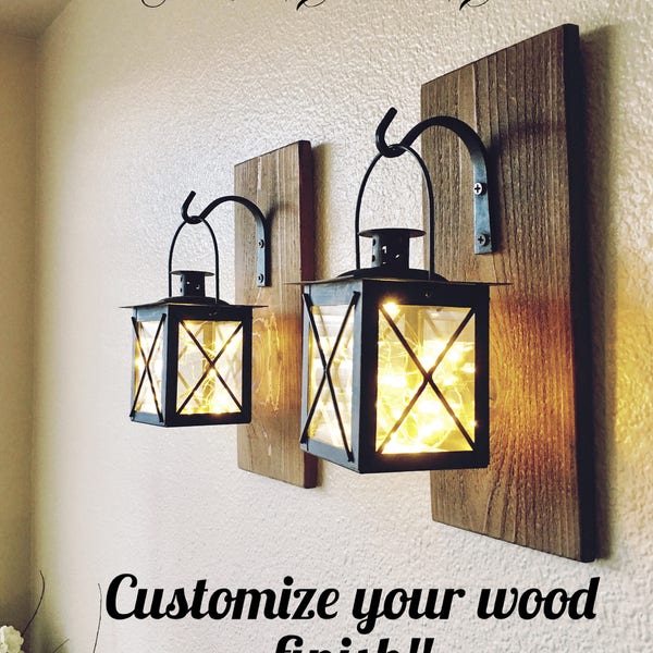 Set of 2 Black Lantern Sconces with Fairy Lights or Candles Wood Wall Hanging Lanterns for Cozy Farmhouse Decor Rustic Wall Decorations