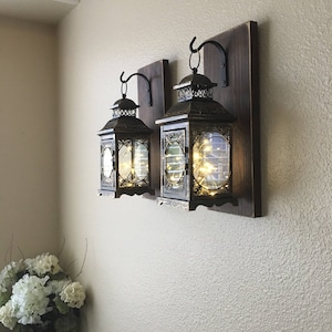 Hanging Lantern Sconces, Farmhouse Wall Decor, Lantern Sconces, Black, Lanterns, Wood Sconce with Lantern, Country Decor, Wall Lantern image 4