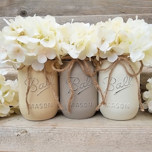 Neutral Home Decor Set of 3 Painted Mason Jars Farmhouse Shelf Decor Vases with Hydrangeas Kitchen Counter Decor Small Table Centerpiece