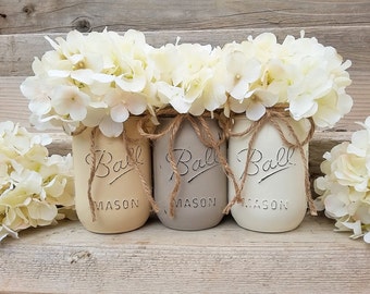 Neutral Home Decor Set of 3 Painted Mason Jars Farmhouse Shelf Decor Vases with Hydrangeas Kitchen Counter Decor Small Table Centerpiece