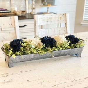 Farmhouse Floral Arrangement, Galvanized Planter Tray with Flowers and Greenery, Living Room Decor, TV console Centerpiece, Entryway Decor
