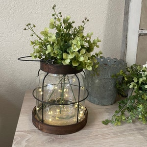 Vintage Style Farmhouse Vase, Rustic Lantern Decor, Rustic Farmhouse Vase, Floral Arrangement, Hostess Gift Country Western Decor, Cozy image 5