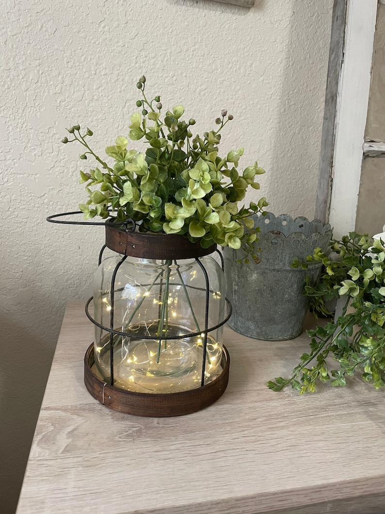 Vintage Style Farmhouse Vase, Rustic Lantern Decor, Rustic Farmhouse Vase, Floral Arrangement, Hostess Gift Country Western Decor, Cozy image 5