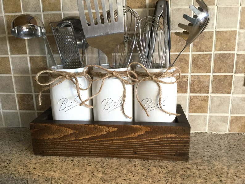 Rustic Kitchen Decor, Utensils Holder, Mason Jar Utensils Holders, Kitchen Organization, Mason Jar Kitchen Decor, Kitchen Utensils Caddy image 3