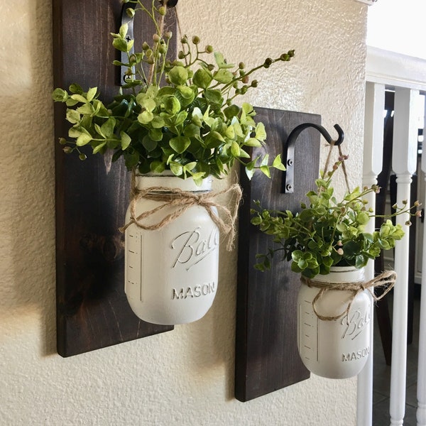 Farmhouse Decor Sconce Set of 2 or Single, Wall Hanging Jar Sconces, Mason Jars Planter Rustic Decorations, Planters With Greenery, Flowers