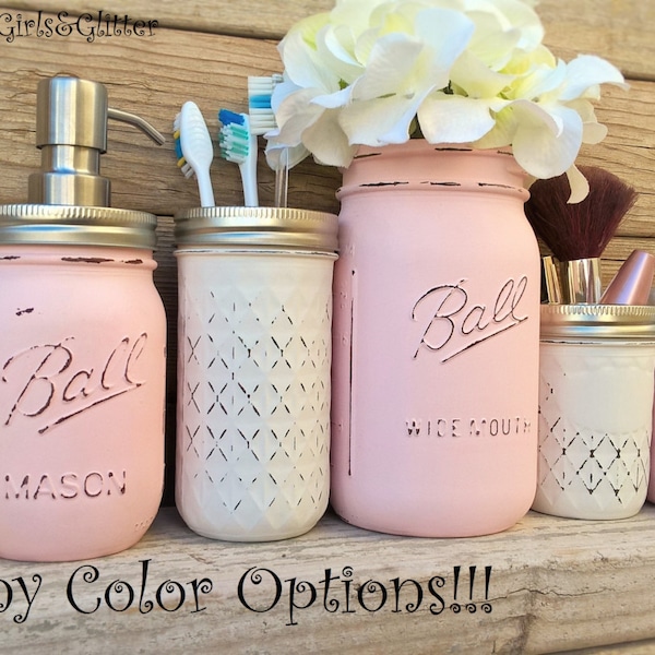 Bathroom Set,Bath Set,Mason Jar,Bathroom Accessories,Shabby Chic Bathroom,Wedding Gift,Mason Jar Gifts, Painted Mason Jars,Blue,Pink,White