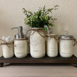 Mason Jar Bathroom Set, Mason Jar Decor, Housewarming Gift, Farmhouse Bathroom Decor, Rustic Bathroom Decor, Bathroom Decor, Mason Jars image 1