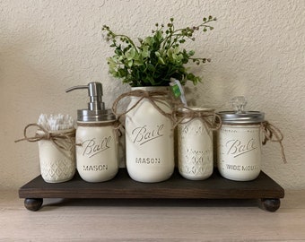 Mason Jar Bathroom Set, Mason Jar Decor, Housewarming Gift, Farmhouse Bathroom Decor, Rustic Bathroom Decor, Bathroom Decor, Mason Jars