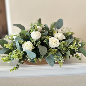 Table Centerpiece with Greenery Floral Arrangement | Dough Bowl | Farmhouse Table Decor | Home Decor | Spring, Summer Table Decorations