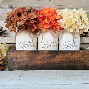 Fall Farmhouse Decor Rustic Fall Mason Jar Centerpiece Decor, Thanksgiving Table Decorations Centerpieces, Fall Mantle, Wood Box with Jars image 1