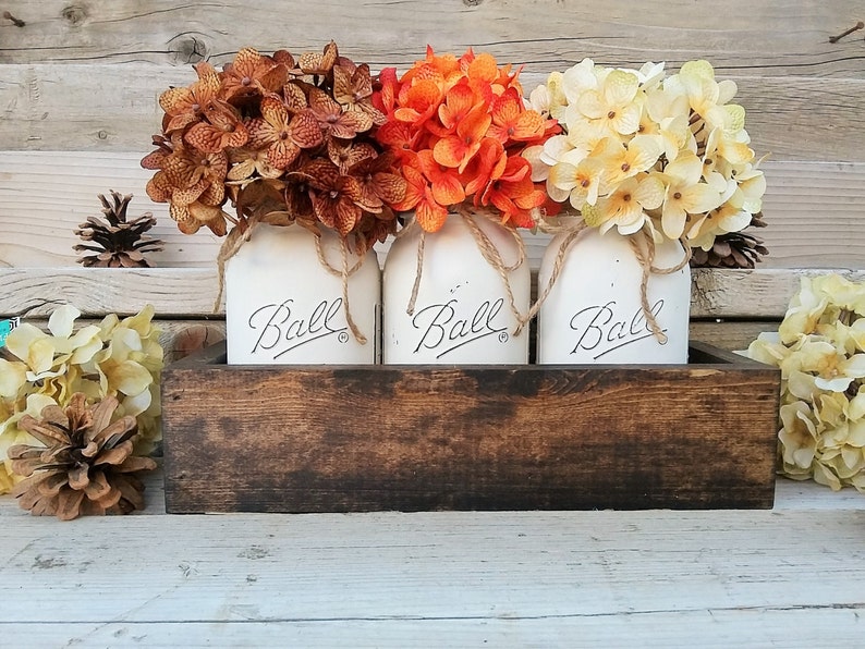 Fall Farmhouse Decor Rustic Fall Mason Jar Centerpiece Decor, Thanksgiving Table Decorations Centerpieces, Fall Mantle, Wood Box with Jars image 1