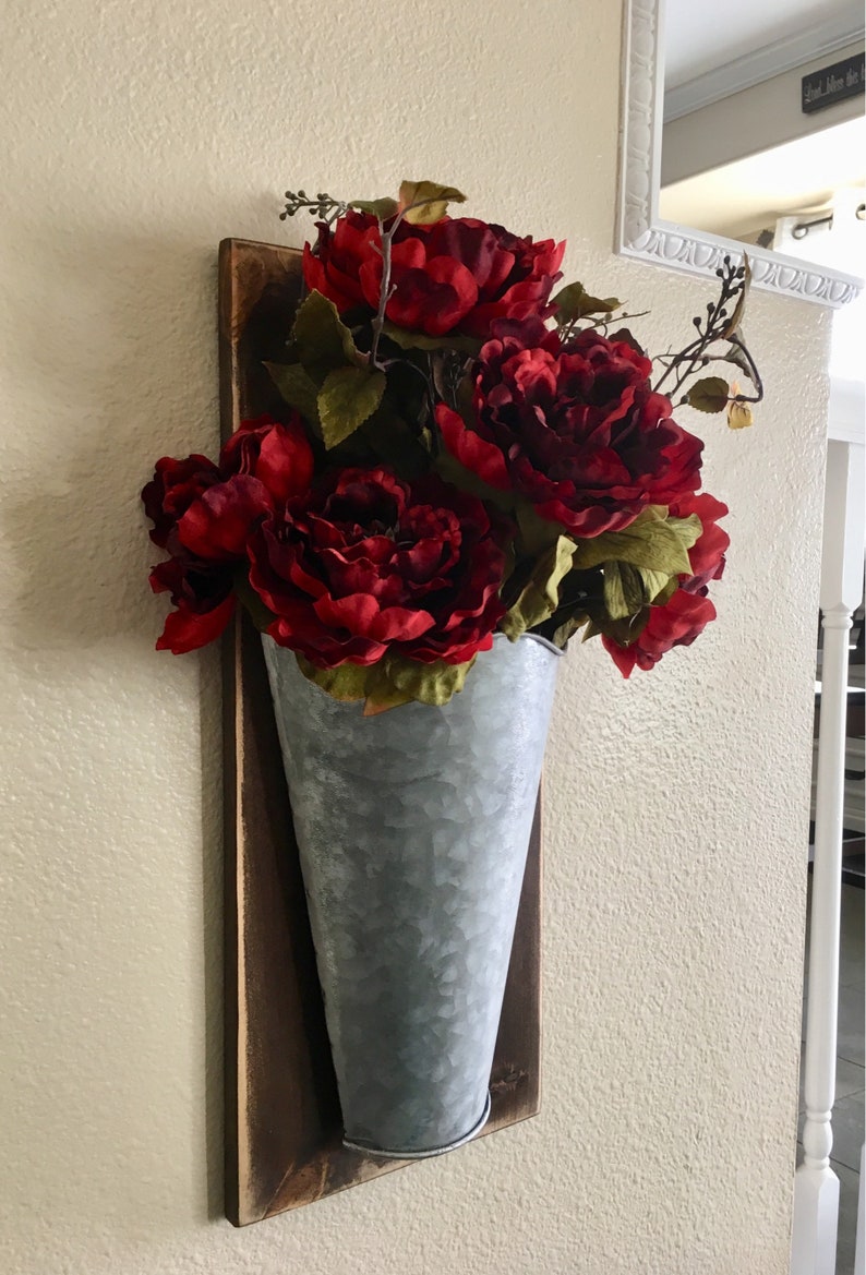 Galvanized Wall Tins Set of e or Two Farmhouse Spring Metal Wall Vase Wall Decor Sconce with Flowers Rustic Home Decor Lambs Ears galvanized wall tins set of one or two ref=landingpage similar listing bot 8&sca=1