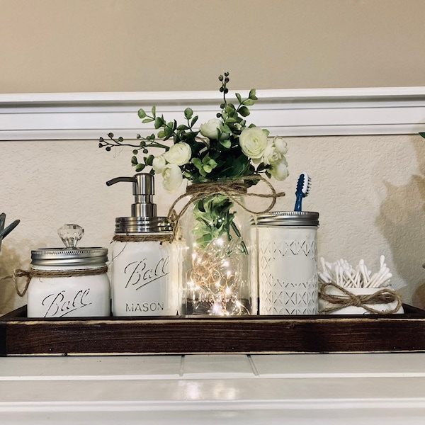 Farmhouse Mason Jar Bathroom Set: Rustic White Decor with Tray