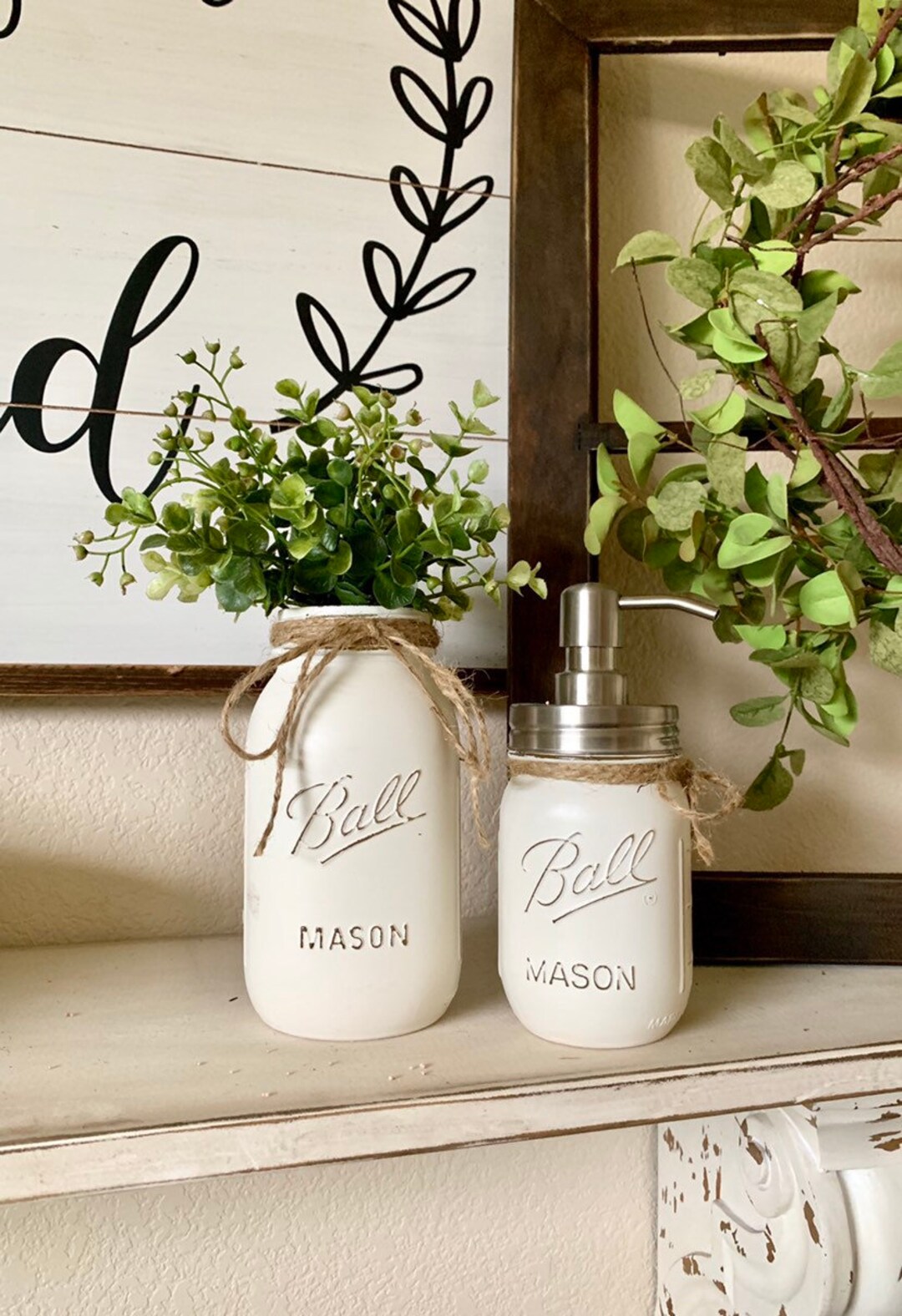 Mason Jar Bathroom Decor, Vase and Soap Dispenser Set, Painted Mason
