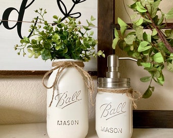 Mason Jar Bathroom Decor, Vase and Soap Dispenser Set, Painted Mason Jar Bathroom Sets, Rustic Bathroom Decorations, Mason Jars for Bathroom