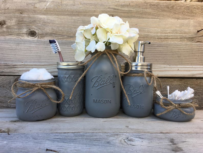 mason jar bathroom set gray rustic bathroom decor country | etsy