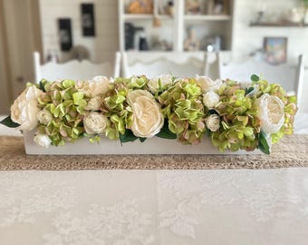 Green Hydrangea Ivory Rose Farmhouse Floral Centerpiece | Rustic Wooden Box Flower Arrangement Cabbage Rose and Hydrangeas