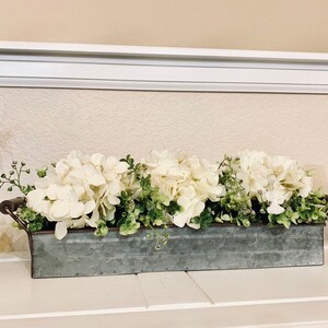 Farmhouse Floral Arrangement, Galvanized Planter Tray with Flowers and Greenery, Living Room Decor, TV console Centerpiece, Entryway Decor image 2