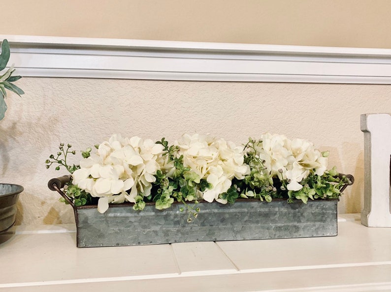 Farmhouse Floral Arrangement, Galvanized Planter Tray with Flowers and Greenery, Living Room Decor, TV console Centerpiece, Entryway Decor image 2