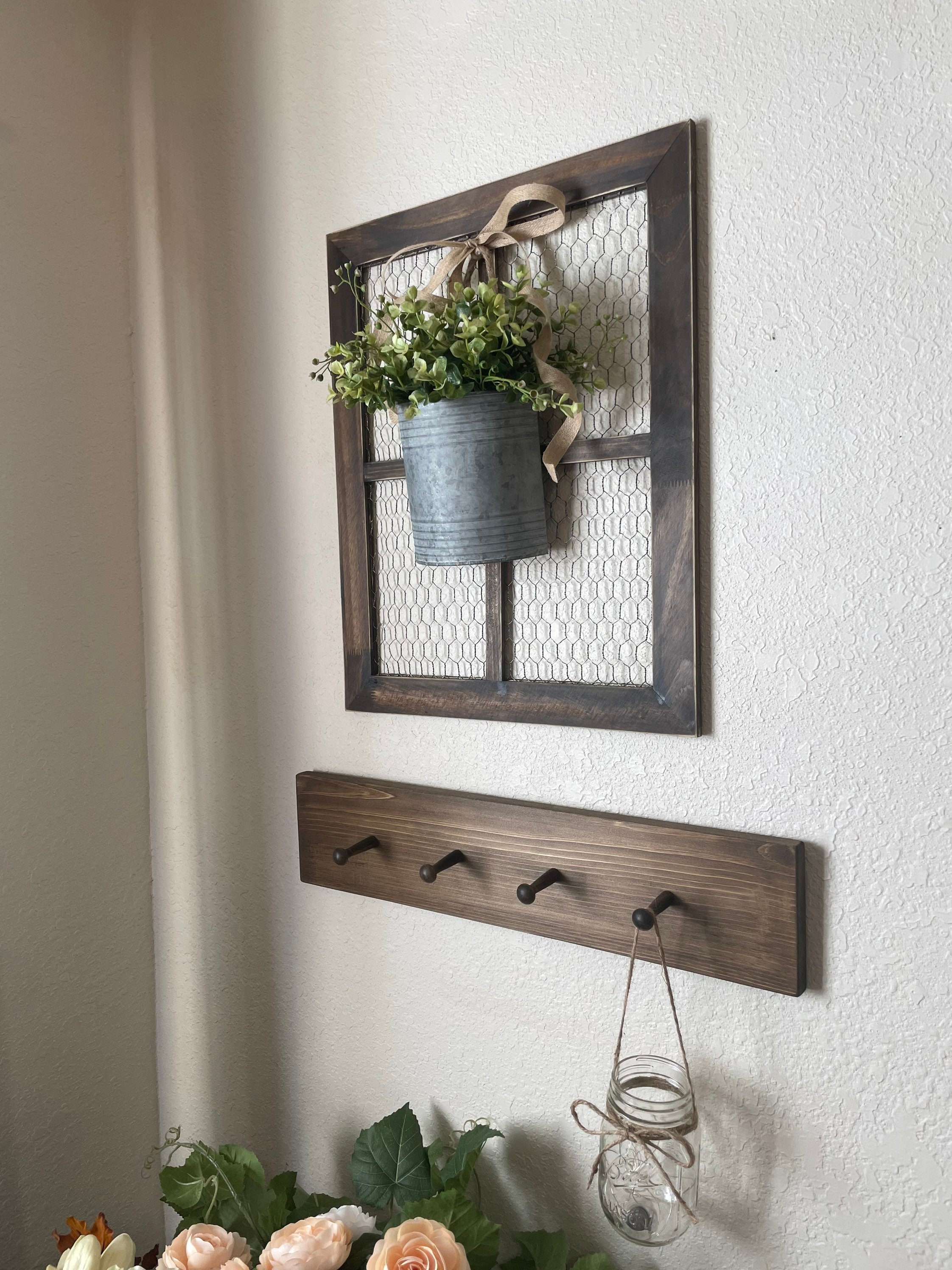 Window Frame with Lambs Ear Wreath, Chicken Wire Frame, Farmhouse Wall Decor, CountryDecor,Rustic Wall Decor, Gallery Wall Decor