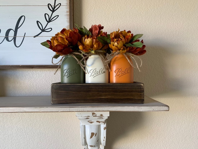 Fall Table Centerpiece,Fall Decor,Seasonal,Thanksgiving Table Decor,Mantle Decor,Rustic Planter With Jars,Mason Jar Centerpiece box,Country image 6