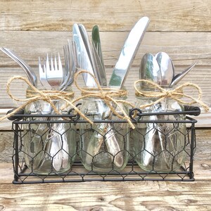 Mason Jar Silverware caddy, Chicken Wire Silverware Holder, Rustic Party Decor, Fork, Spoon Knive Caddy, Farmhouse Silverware Organizer image 5