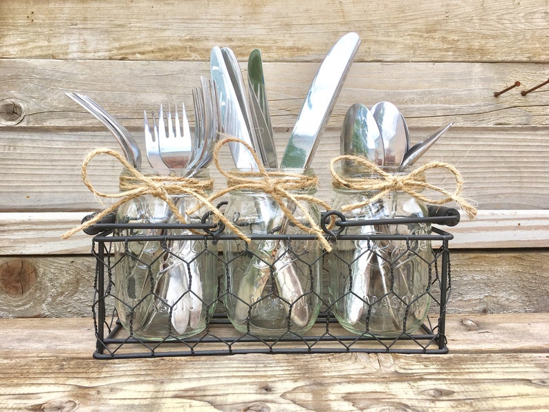 Mason Jar Silverware Caddy Chicken Wire Silverware Holder Etsy