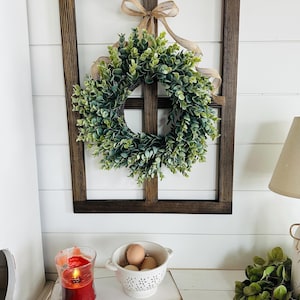 Rustic Wood Window Frame with Greenery Wreath 21”x18” Handmade Farmhouse Wood Window Pane Wall Decor Gallery Wall Hangings Moody