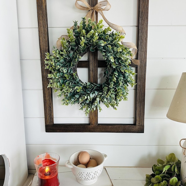 Handmade Rustic Wood Window Frame with Greenery Wreath - Farmhouse Wall Decor