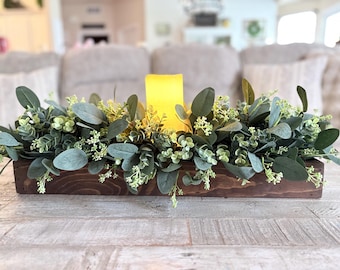 Greenery Centerpiece Floral Arrangement with Candle Rustic Modern Farmhouse Flower Arrangement Table Decor Cozy Cottage Decor