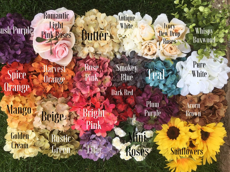 May include: A variety of artificial flower arrangements in different colors and styles, including hydrangeas, roses, and sunflowers. The flowers are arranged in a grid pattern on a green grassy surface. The names of each flower arrangement are written in white text on a black background.
