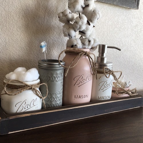 Mason Jar Bath Set With Tray Grey Farmhouse Bathroom Decor Etsy