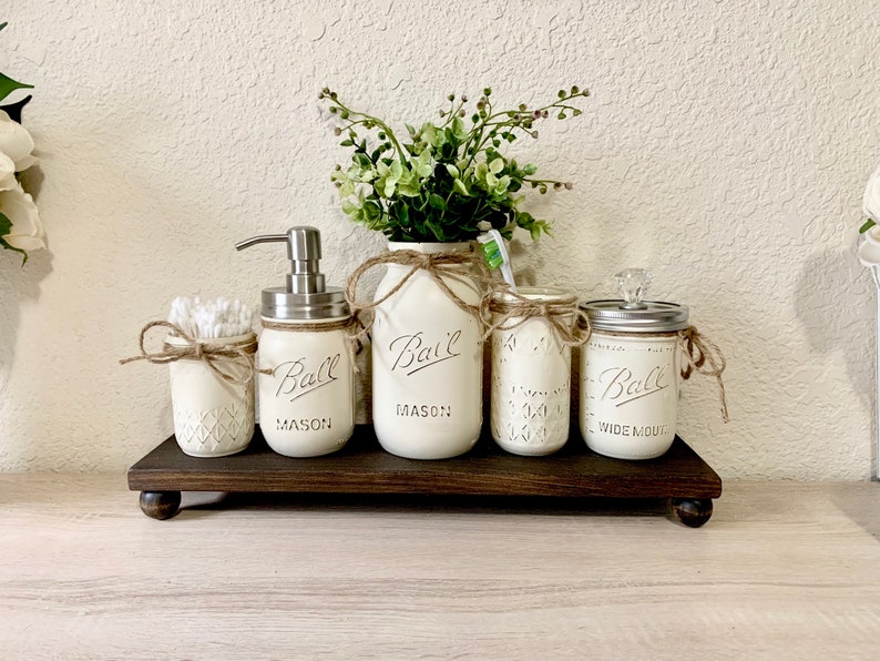 Mason Jar Bathroom Set, Mason Jar Decor, Housewarming Gift, Farmhouse Bathroom Decor, Rustic Bathroom Decor, Bathroom Decor, Mason Jars image 5