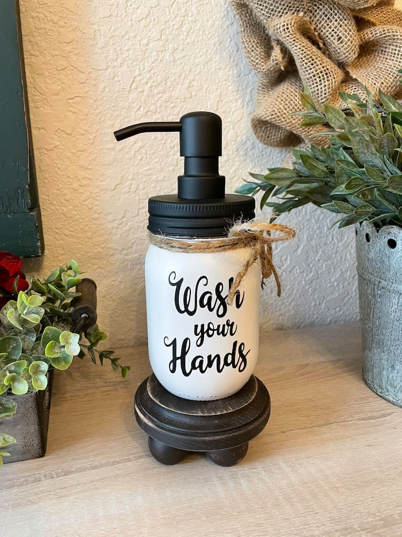 Farmhouse Bathroom or Powder Room Painted Mason Jar Soap Dispenser with Wash Your Hands, Wash Your Hands Bathroom Sign on Jar image 2