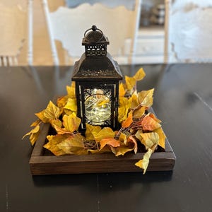 Rustic Candle Lantern Fall Thanksgiving Table Centerpiece with Wood Tray and Fall Leaves Wedding Decoration Centerpiece Cozy Home Decor
