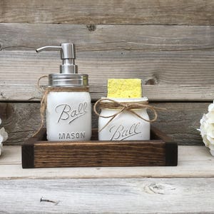 Kitchen Decor, Farmhouse, Mason Jar Kitchen Decor, Mason Jar Spongeholder, Mason Jar Soap Dispenser, Rustic Kitchen Decor, Kitchen Set