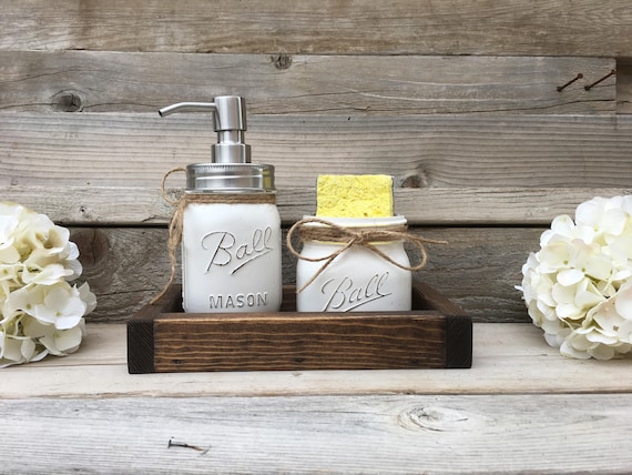 Kitchen Decor, Farmhouse, Mason Jar Kitchen Decor, Mason Jar Spongeholder, Mason Jar Soap Dispenser, Rustic Kitchen Decor, Kitchen Set