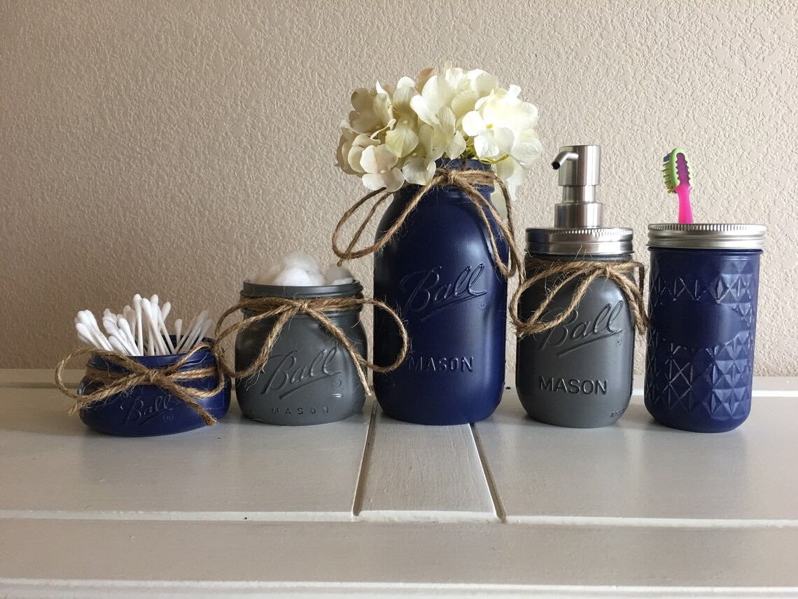 Navy Bathroom Decor Navy and Gray Mason Jar Bathroom Set | Etsy