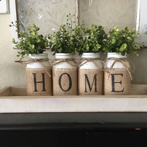 Country Home Decor, Mason Jars With Burlap, Painted Mason Jars, Mason Jars With Flowers,Southern Home Decor, Rustic Decor, Living Room Decor image 1