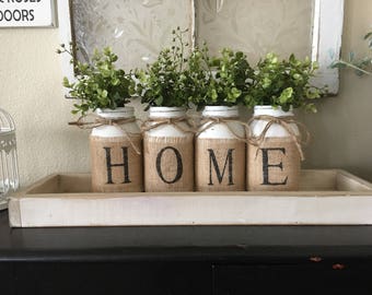 Country Home Decor, Mason Jars With Burlap, Painted Mason Jars, Mason Jars With Flowers,Southern Home Decor, Rustic Decor, Living Room Decor