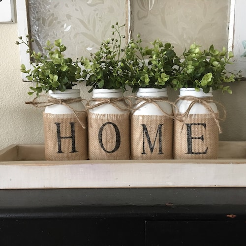 Country Home Decor Mason Jars With Burlap Painted Mason - Etsy